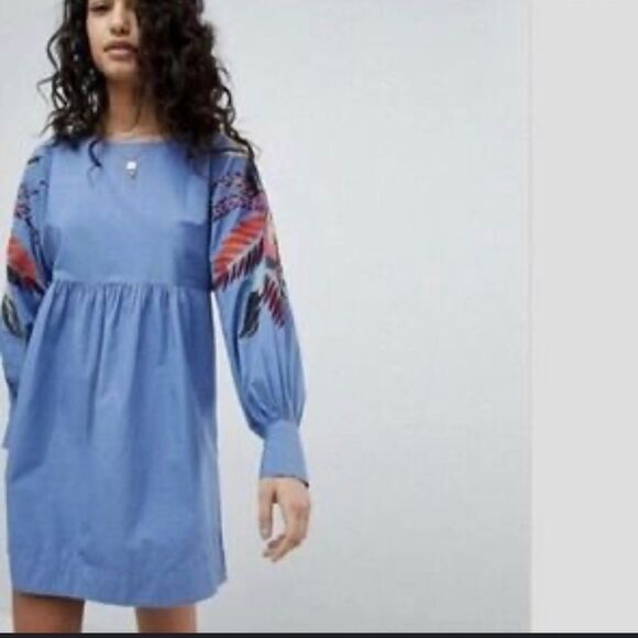 FREE PEOPLE Blue Mini Obsessions Boho Embroidered Floral Cotton Dress Women's XS - Picture 1 of 8
